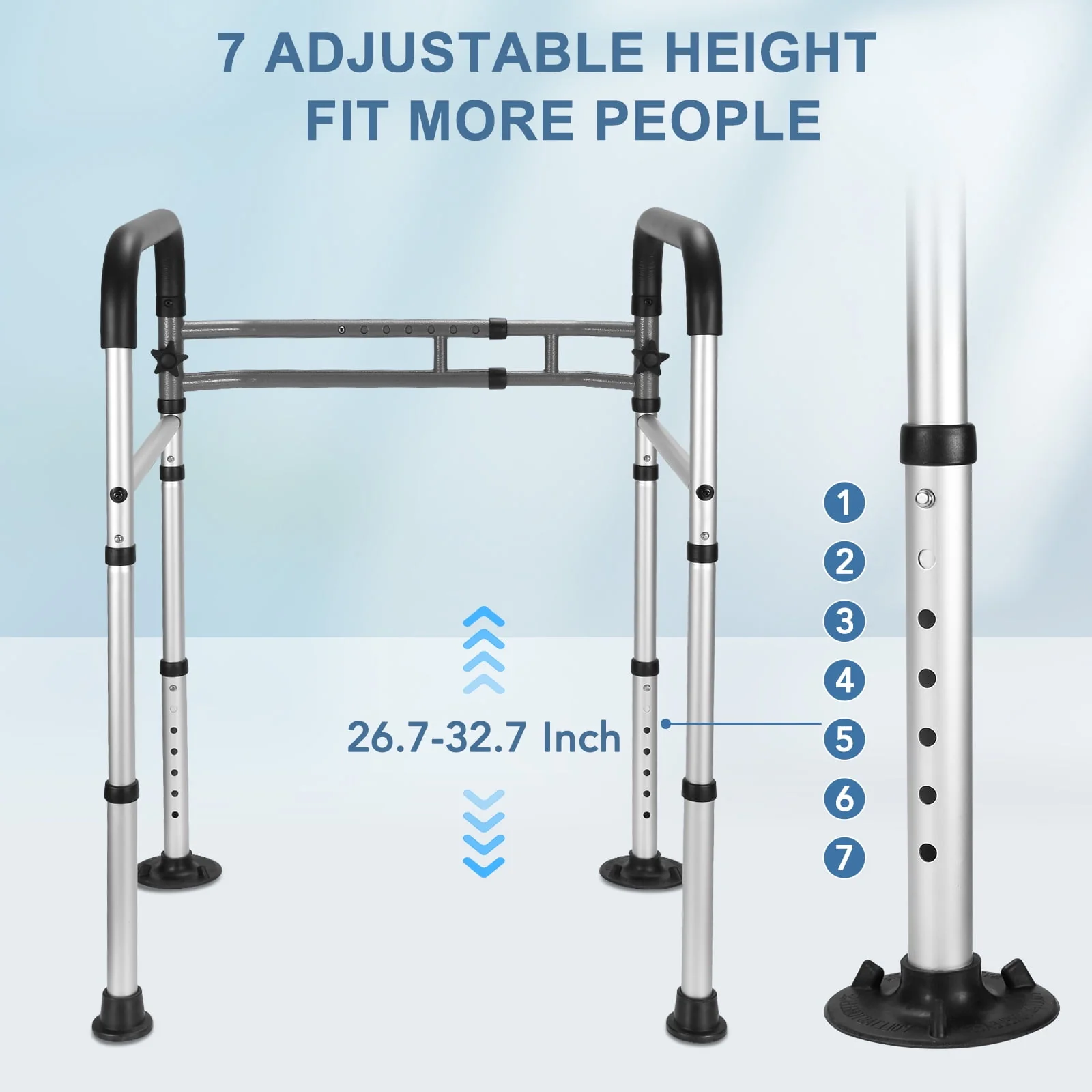 MaxKare Toilet Safety Rail for Elderly and Handicap, 7 adjustable Height & Width, Support up to 300lbs, Gray & Black