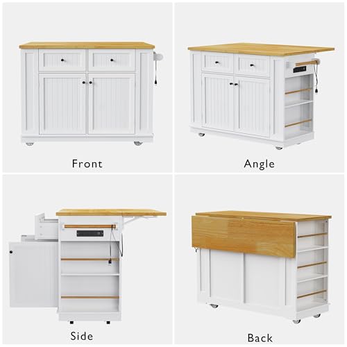Rolling Kitchen Island with Drop Leaf & Power Outlet, Large Kitchen Islands Cart on Wheels