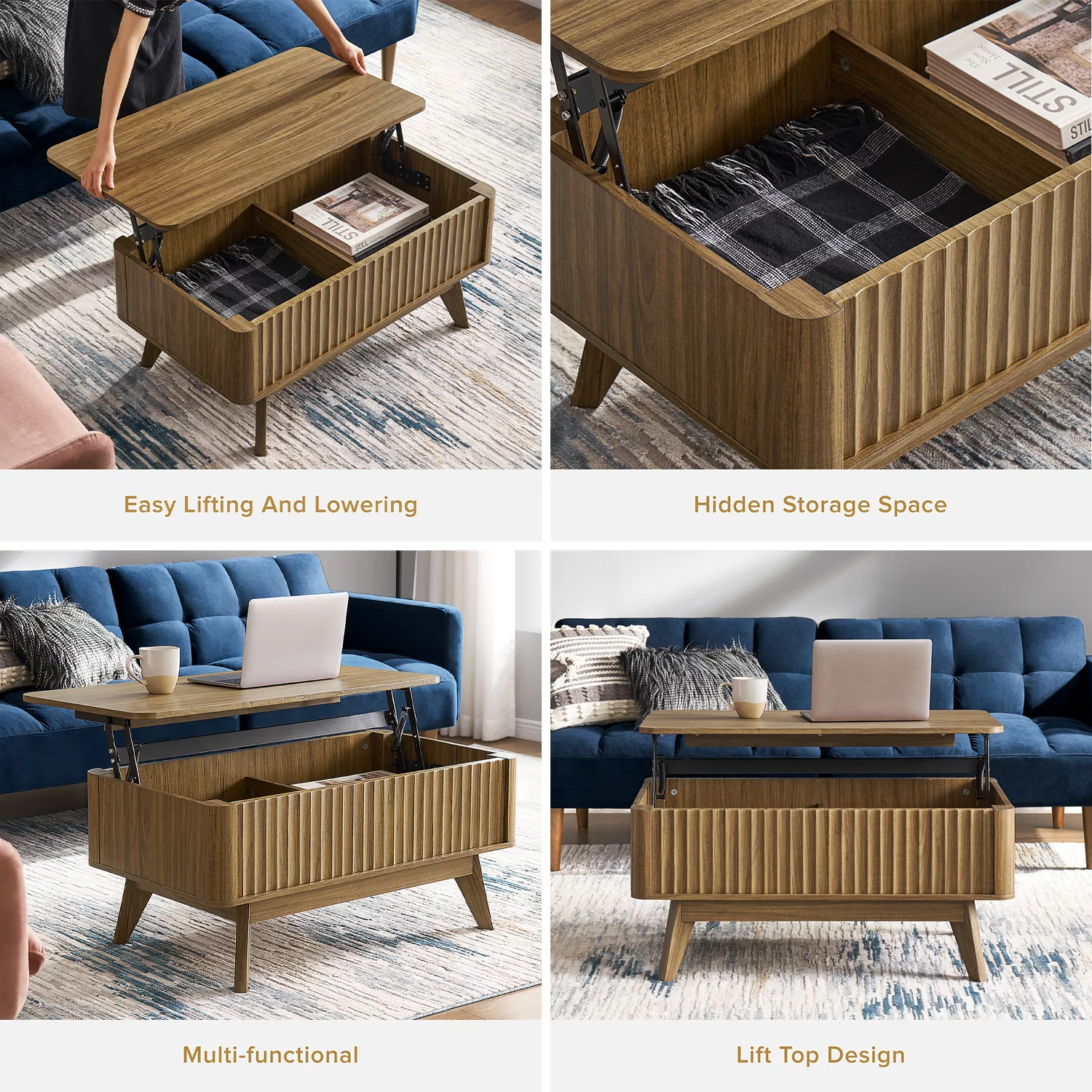 Mopio Brooklyn Mid-Century Modern Lift Top Coffee Table with Storage for Living Room, Waveform Panel (Walnut)
