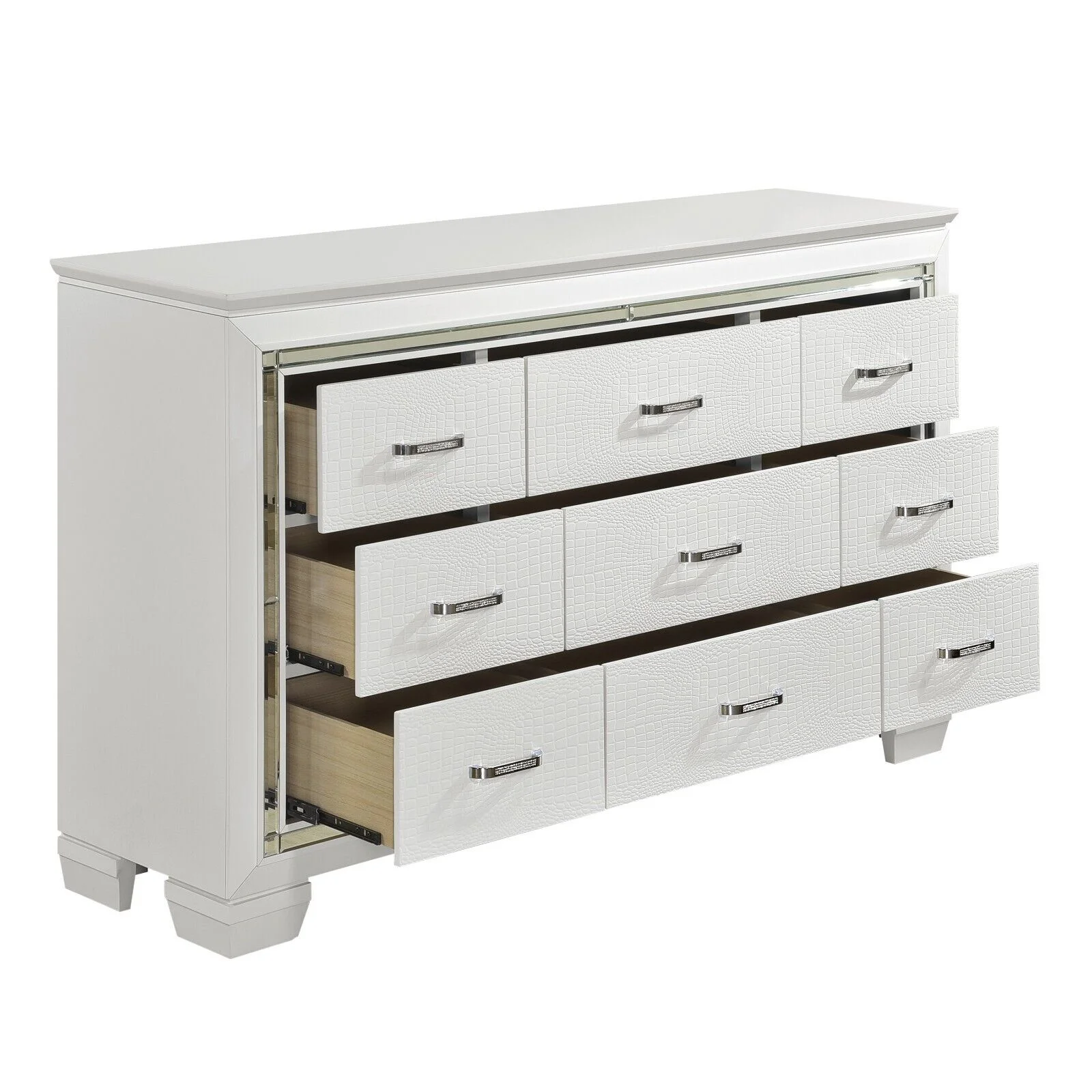 Glamorous Design White Bedroom Set 4pc Queen Button-Tufted LED Headboard Bed Nightstand Dresser LED Mirror Furniture