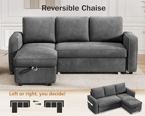 81" Sleeper Sofa Bed with Pull Out Bed, L Shaped Couch Sectional Sleeper Sofa, Pull Out Couch with Reversible Storage Chaise, Side Pockets