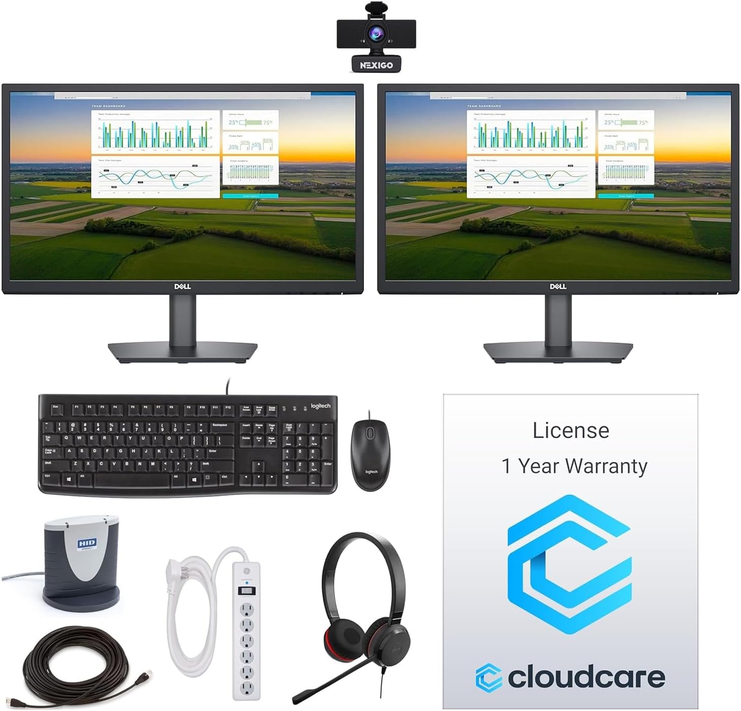 Work from Home Tech Bundle Including Dual Premium Dell Monitors, Webcam, Keyboard/Mouse, Headset, 50ft Ethernet Cable, Power Strip Hardware
