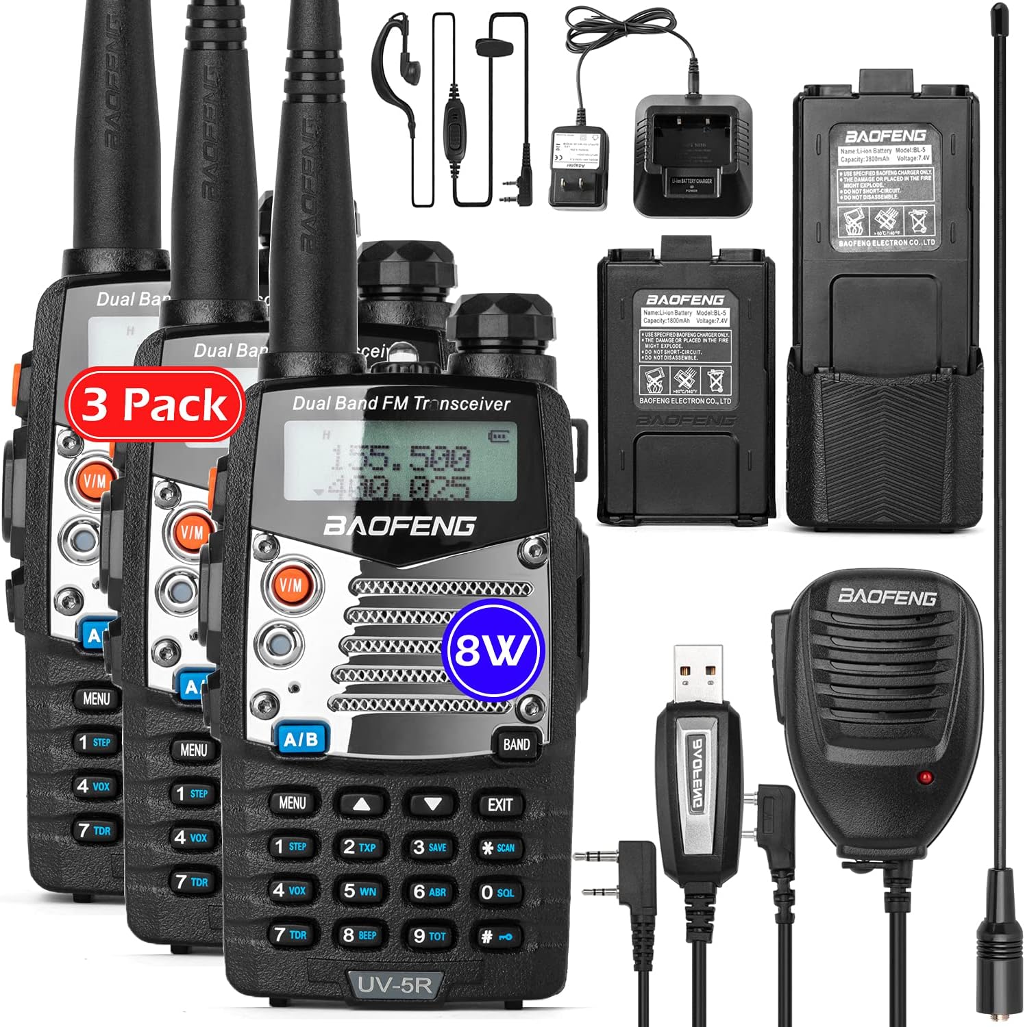 BaoFeng UV-5R Pro Ham Radio with 2 Rechargeable Battery, Dual-Band 2-Way Radio Handheld Walkie Talkies with Earpiece and Programming Cable (2 Pack)