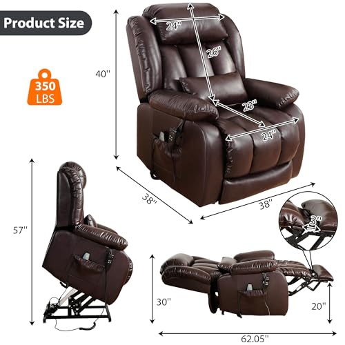 EDILLY Large Genuine Leather Power Lift Recliner Chairs for Elderly, Dual Motor with Massage and Heating,Double Lumbar Cushion and Extended Footrest