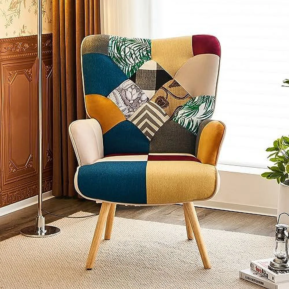 HOOMHIBIU Accent Chair  Living Room Chair  Modern High Back Armchair  Colorful Patchwork Reading Chairs for Bedroom  Lounge Chair with Linen Fabric