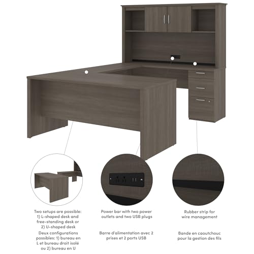 Bestar Logan 66W U or L-Shaped Executive Office Desk with Pedestal and Hutch in Bark Grey, Table Workstation for Personal Home Workspace