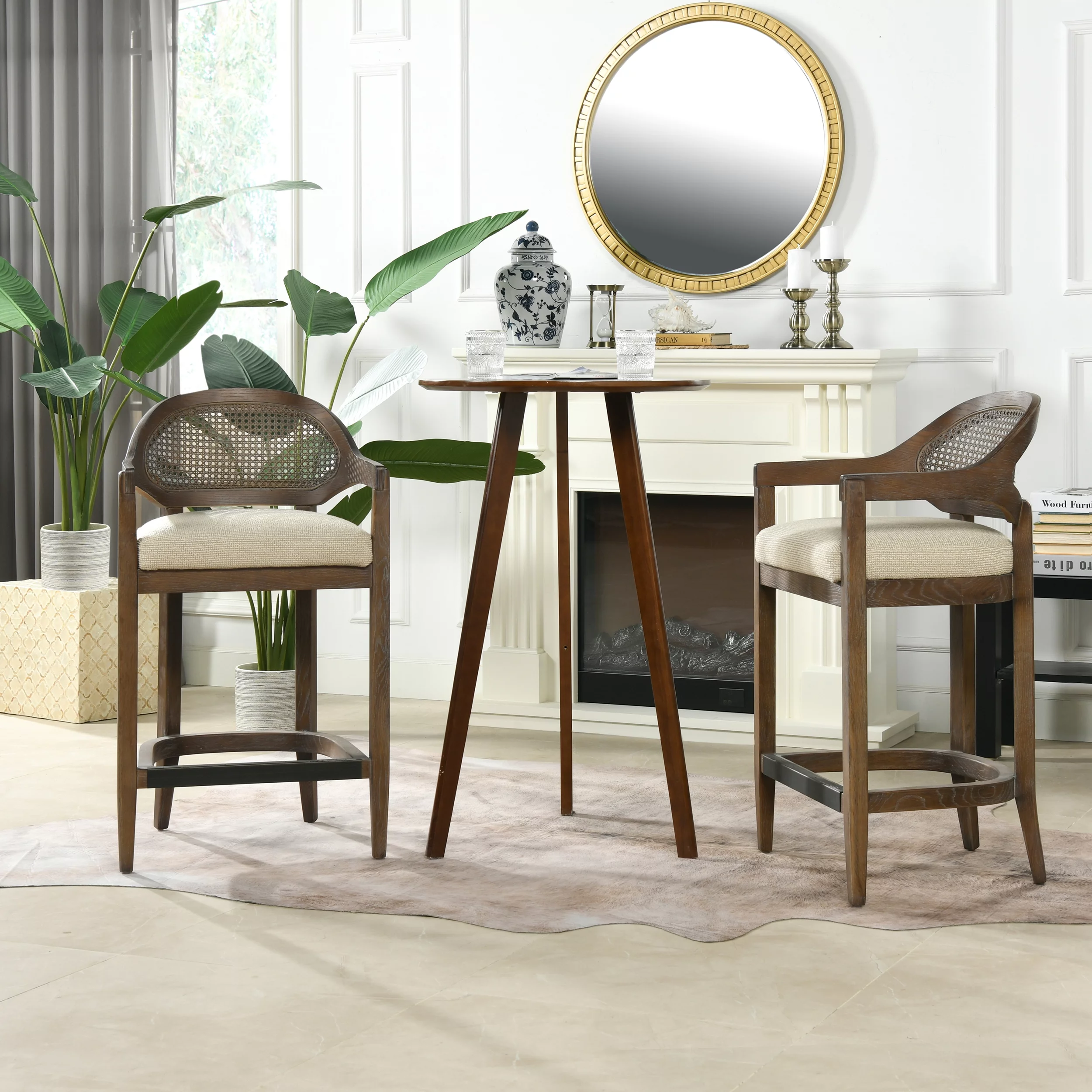 Jennifer Taylor Home Americana Mid-Century Modern 26" Cane Back Counter Stool, Taupe Beige Textured Weave