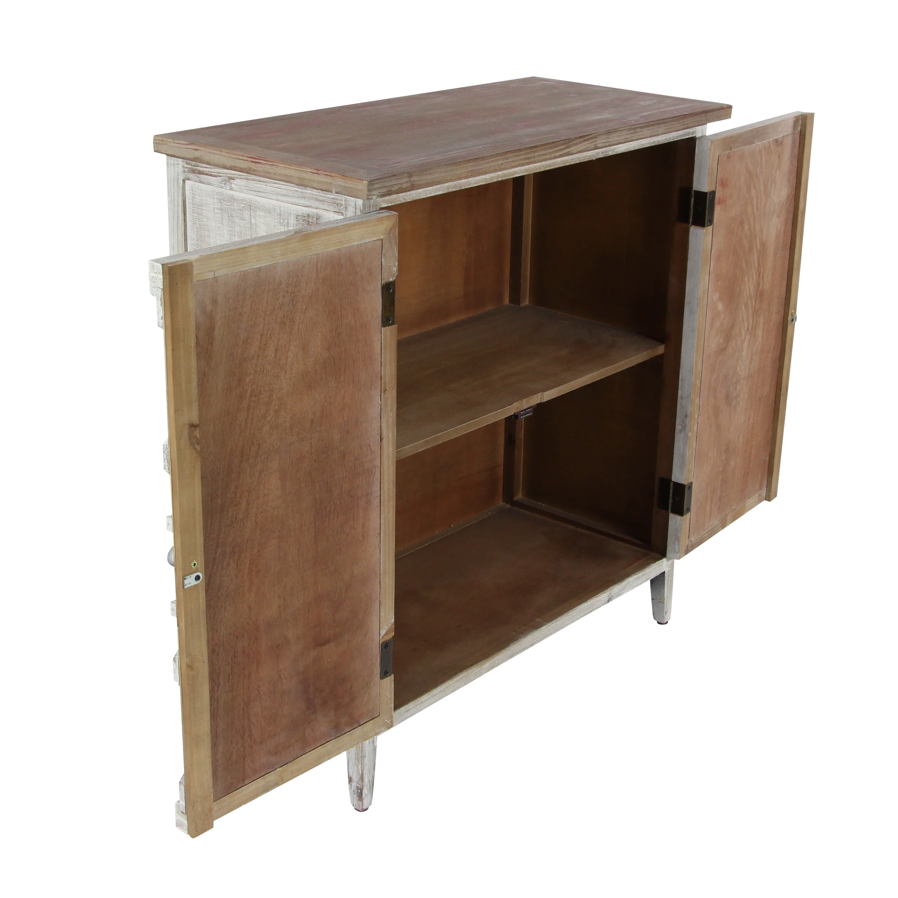 DecMode 28" x 31" Light Brown Wood 1 Shelf and 2 Door Geometric Cabinet with Carved Relief Overlay, 1-Piece