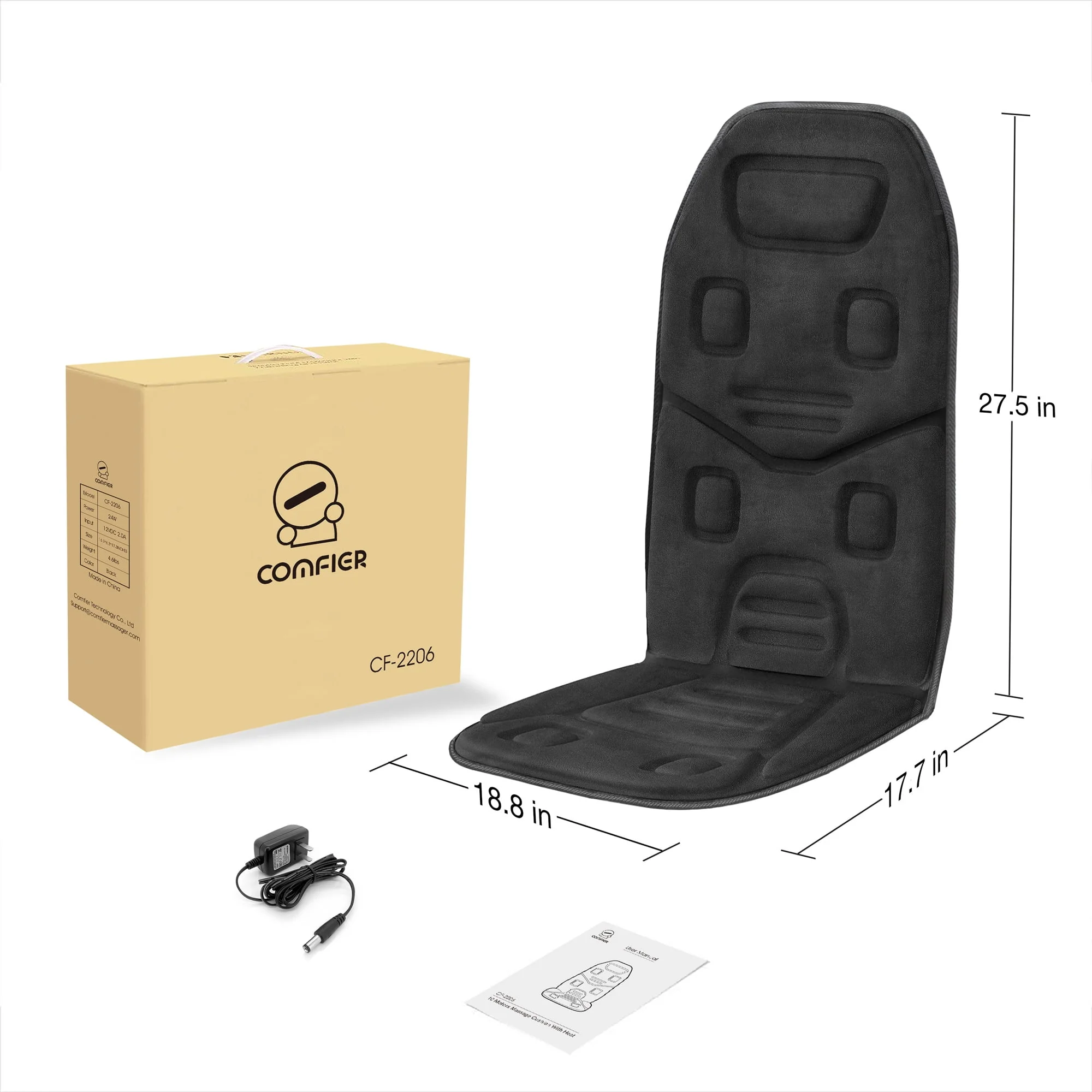COMFIER Motors Massage Seat Cushion with 3 Level Heating Pad, Back Massager, Black, Gift for Men Women, Home/Car Use