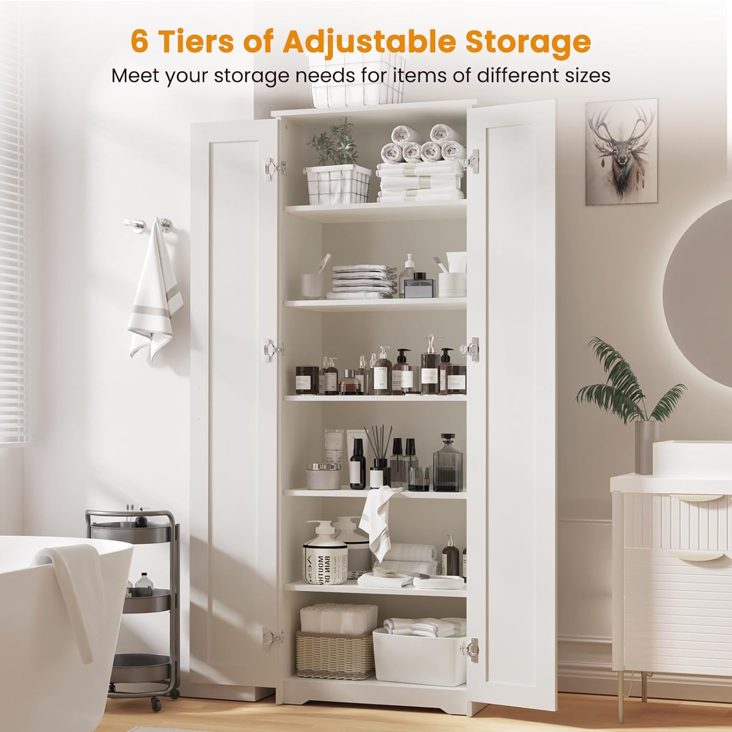 70" Tall Storage Pantry Cabinet, Bathroom Floor Organizer Storage Cabinet with 2 Doors and 6 Adjustable Shelves