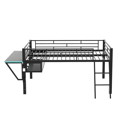 Gaming Bed with Desk,Wardrobe,Ample Storage Space,and RGB LED Light, Full Size Wood Loft Bed for Kids Bedroom (Cloud Blue/K)