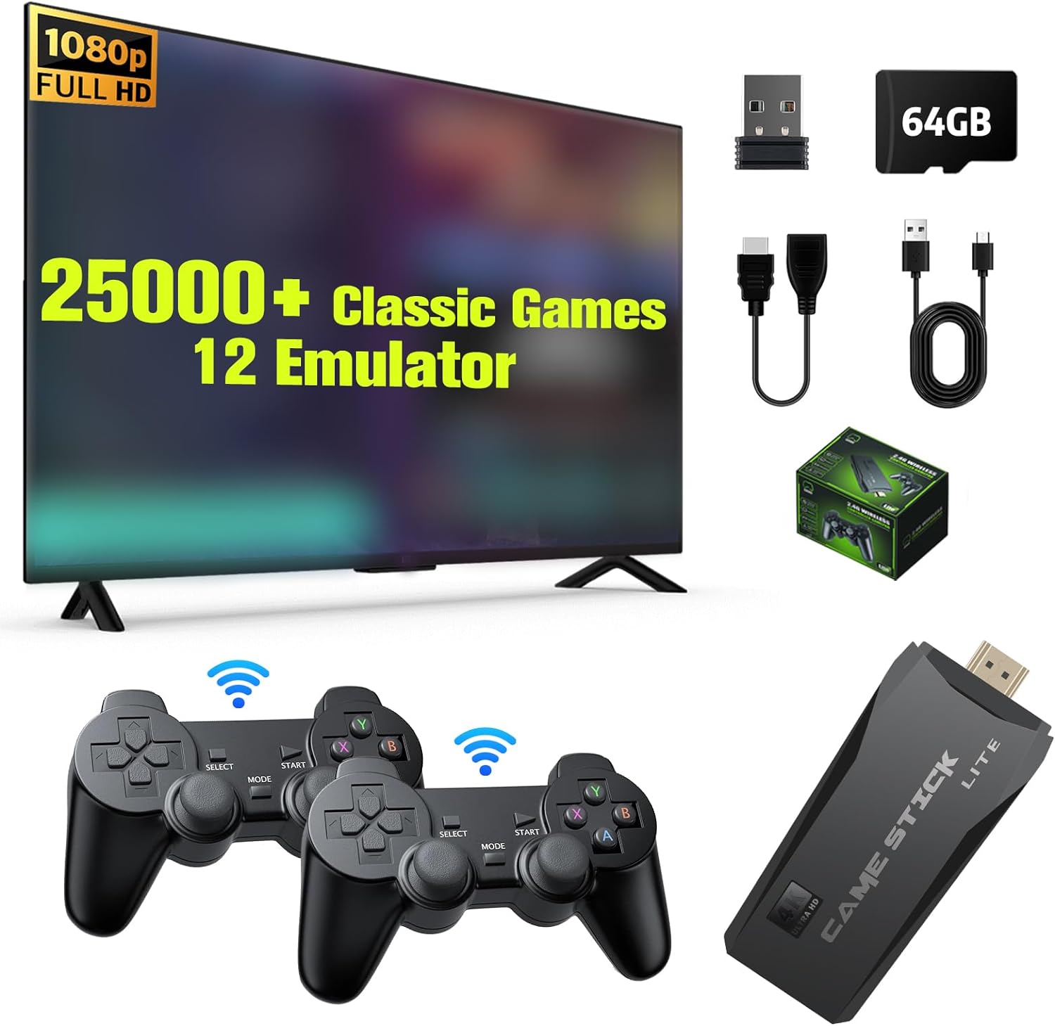 Retro Game Stick, Nostalgia Stick with Built-in 25000+ Games, 12 Emulators, 4K HD Output, 64G Wireless Retro Game Console