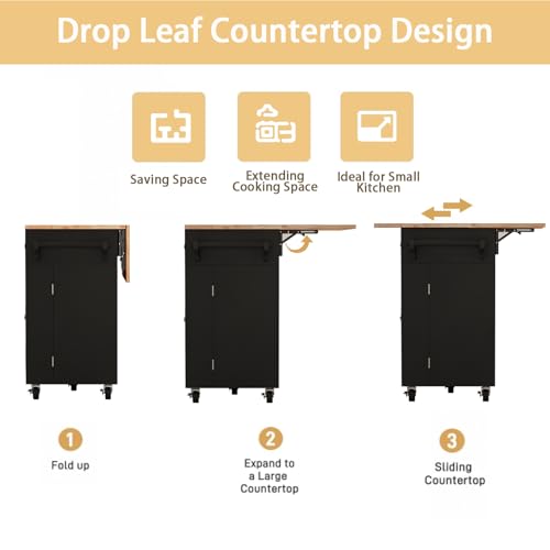 67’’ Movable Kitchen Island with Drop Leaf and Power Outlet, Lockable Sliding Countertop Rolling Island Cart with 2 Large Drawers, Spice, Towel Rack