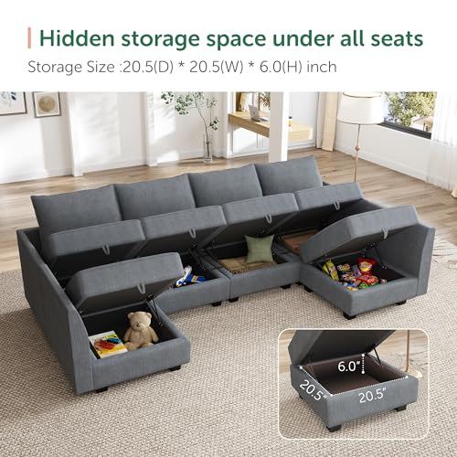 HONBAY Modular Sectional Sofa U Shaped Sectional Modular Sofa with Storage Convertible Sectional Couch for Living Room, Grey