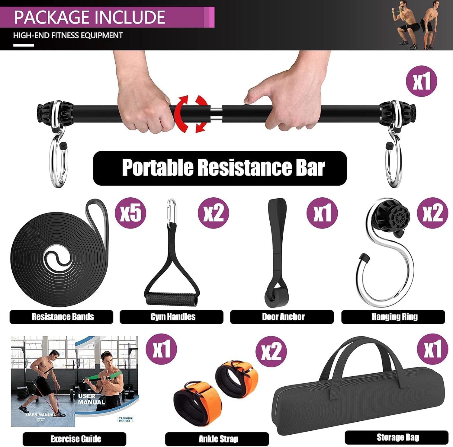 Resistance Bands Bar Set Portable Home Gym Equipment for Adults Strength Training for Chest Press Deadlift Squats Curl Full Body Workout Bands