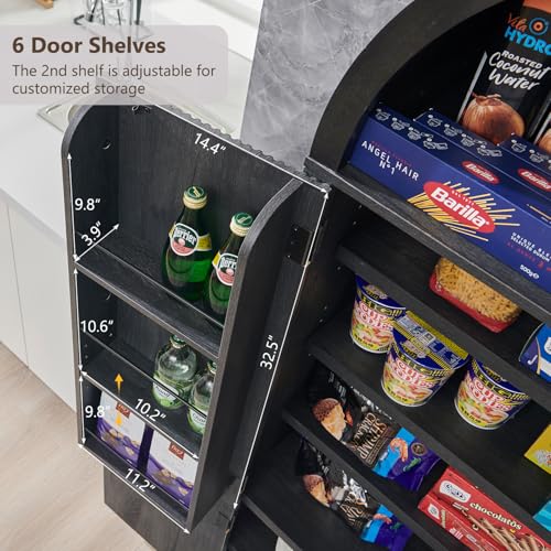 71" Tall Arched Kitchen Pantry, Modern Fluted Wood Storage Cabinet with Doors, 3 Adjustable Shelves, 6 Door Shelves, Organizer