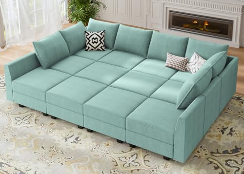 HONBAY Modular Sofa Sectional Sleeper Couch with Ottomans Reversible Sleeper Sectional Sofa Modular Couch with Storage, Aqua Blue