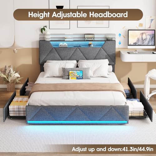 Vabches Queen Bed Frame with Storage Headboard and 4 Drawers,Upholstered Platform with Charging Station and Led Lights,Adjustable Headboard
