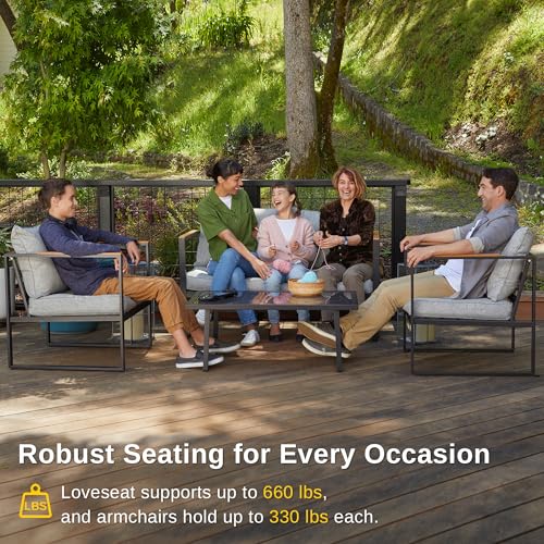 EAST OAK Courtyard Patio Furniture Set, 4-Piece Outdoor Patio Set with Sofa, Removable & Washable Deep Seating Cushion, Tempered Glass Table