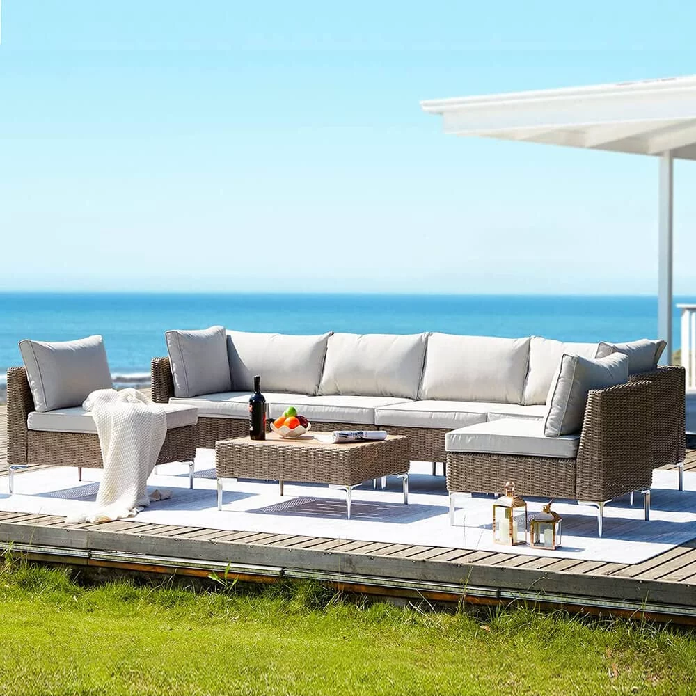 Homrest 7 Piece Patio Furniture Set Outdoor Sectional Sofa Conversation Set Half-Round Rattan Wicker Outdoor Furniture Set with Soft Cushion for