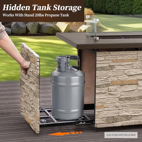 43¡± Propane Fire Pit Table Outdoor Rectangular Stone Firepit Table 50,000 Btu Propane Fire Tables for Outside Patio with Glass Wind Guard, Lid