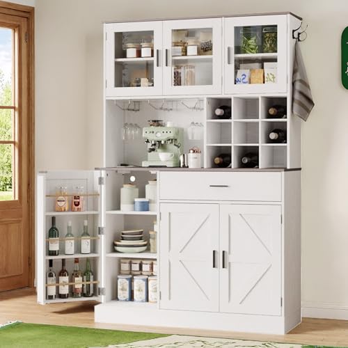 ANCTOR Kitchen Hutch Cabinet with Storage Tall Pantry Storage Cabinet with Glass Doors, Power Outlet, Microwave Stand, Adjustable Shelves, Drawer