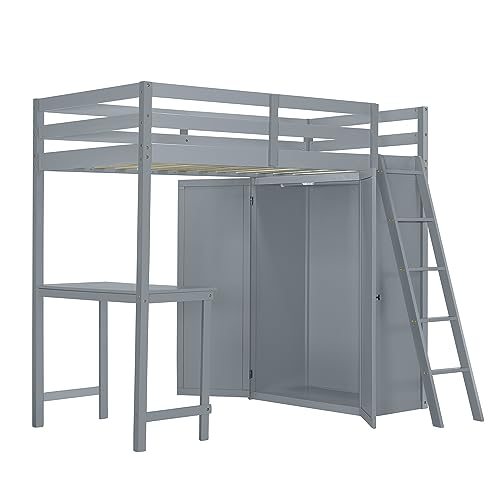 Twin Loft Bed with Staircase, Desk and Wardrobe, Wood Loft Bed with Storage Shelves and Safety Guardrail