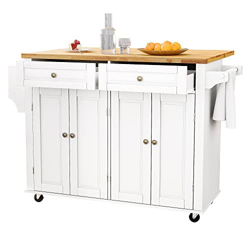 Kitchen Cart with Wood Top and Drop Leaf Breakfast Bar, Rolling Mobile Kitchen Island Table on Wheels with Drawer and Storage Cabinet, Spice Rack