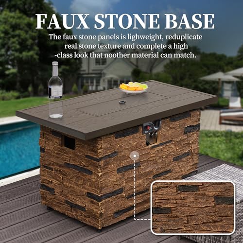 43¡± Propane Fire Pit Table Outdoor Rectangular Stone Firepit Table 50,000 Btu Propane Fire Tables for Outside Patio with Glass Wind Guard, Lid