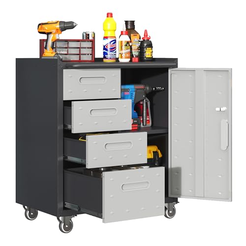 Mobile Tool Storage Cabinet with Wheels,Heavy Duty Rolling Tool Cabinets for Garage,Metal Storage Cabinets with 4 Drawer and 1 Locking Doors