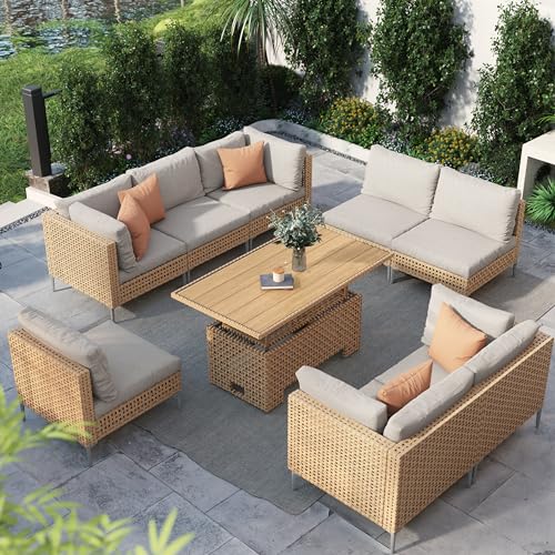 Grand patio 7-Piece Wicker Patio Furniture Set, Boho Outdoor Conversation Set Sectional Sofa with Water Resistant Thick Cushions and Coffee Table