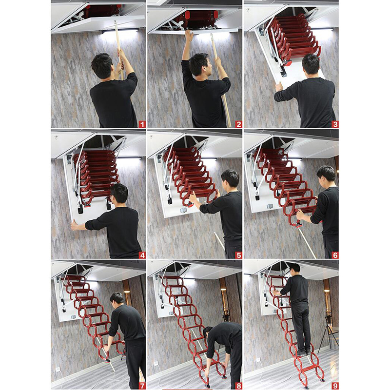 EQCOTWEA Attic Ceiling Retractable Folding Ladder Stairs 31.5*35.4in Portable Extension Staircase Red