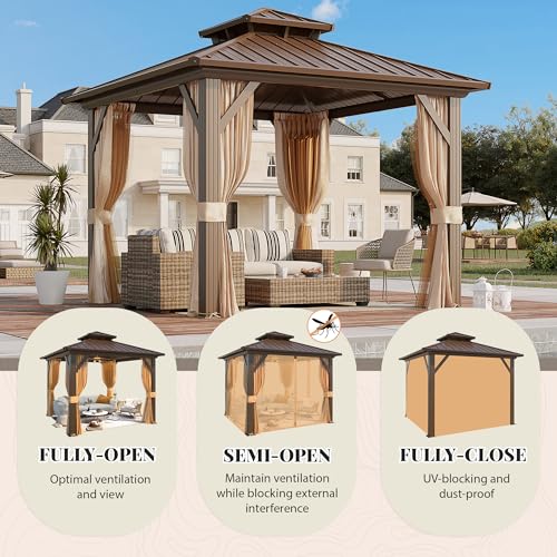 YOLENY 10' x 12' Hardtop Gazebo, Metal Gazebo with Aluminum Frame, Double Galvanized Steel Roof, Curtains and Netting Included