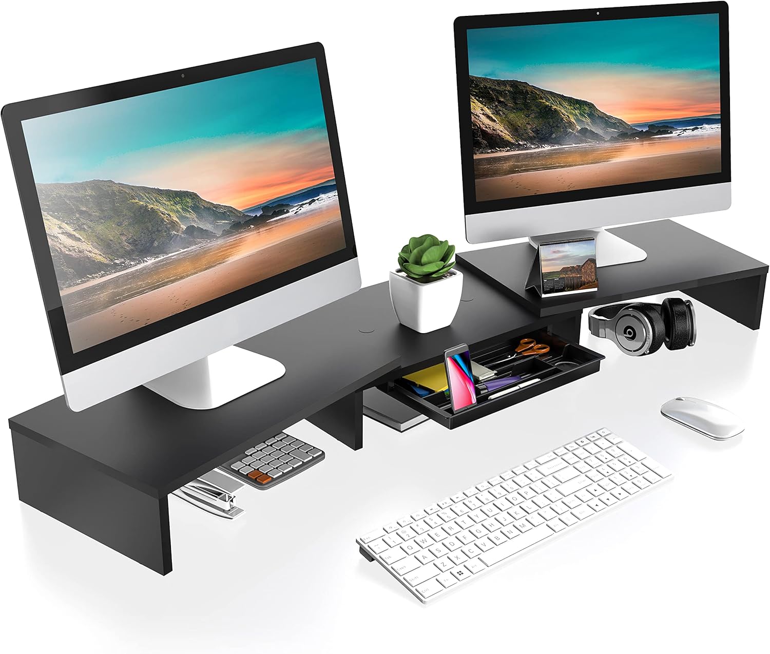 FITUEYES Dual Monitor Stand &ndash; 3 Shelf Computer Monitor Riser, Wood Desktop Stand with Adjustable Length and Angle, Desk Accessories