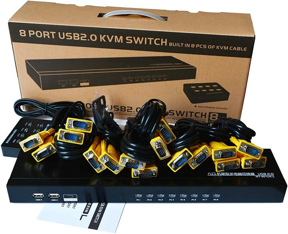 KVM Switch 8 Port, MT-VIKI 8X1 Rackmount KVM Switch VGA, Included 8 2-in-1 KVM Cables & Wire-Desktop Selector