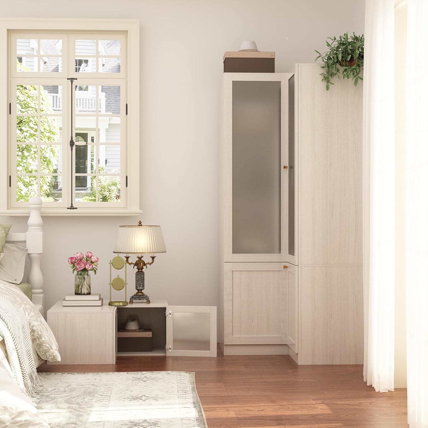 Homsee L-Shape Armoire Wardrobe Closet with Frosted Glass Doors, Hanging Bar & Shelves, Wooden Closet Storage Cabinet with Top Cabinet for Bedroom