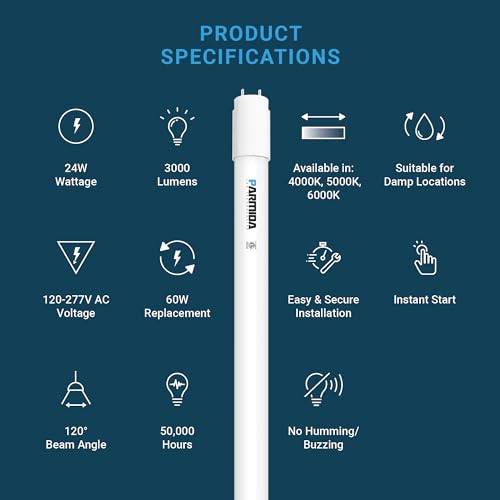 PARMIDA 20-Pack 4FT LED T8 Hybrid Type A+B Light Tube, 24W, Plug & Play or Ballast Bypass, Single-Ended OR Double-Ended Connection, 3000lm