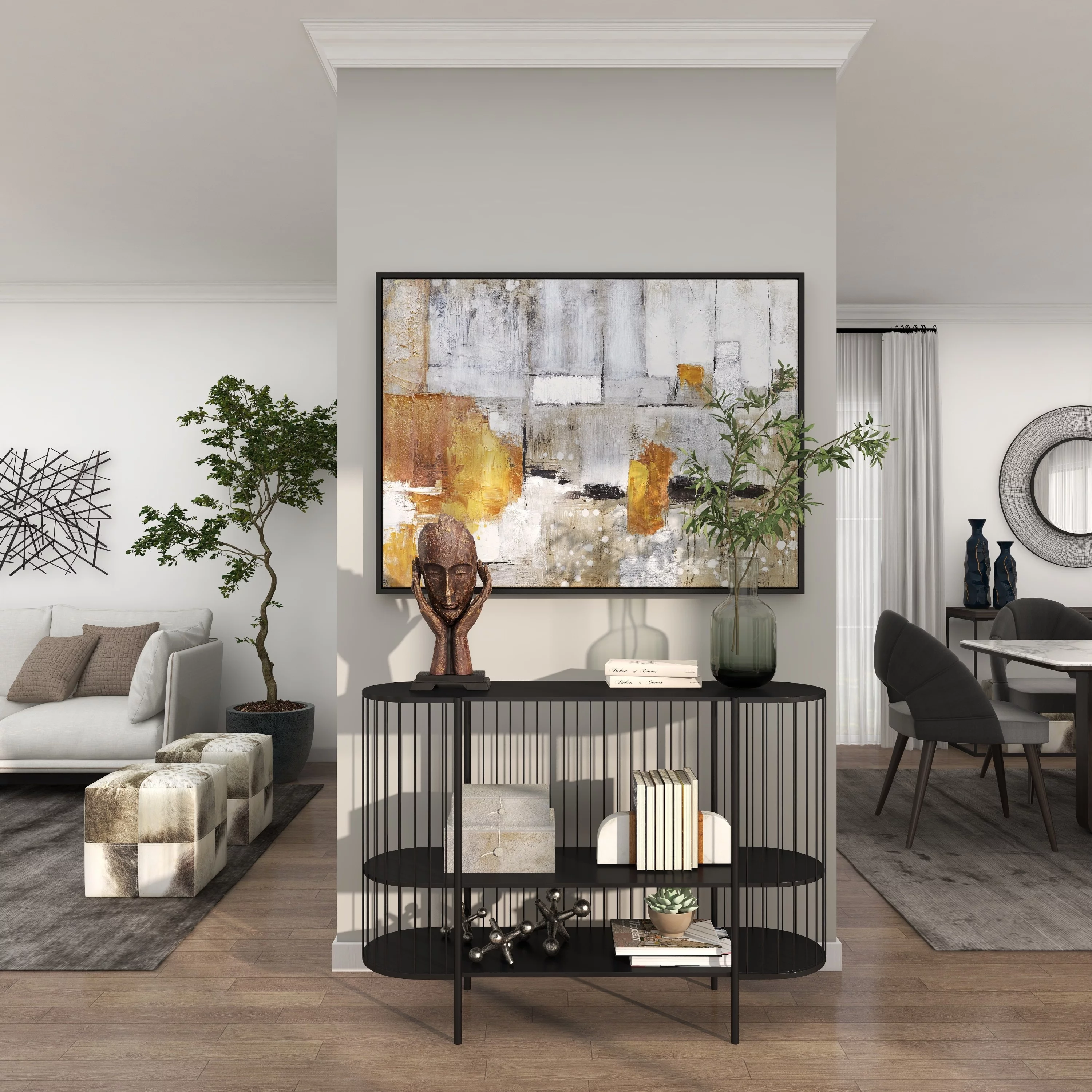 DecMode 48" x 34" Black Metal Narrow Open Wire Frame 2 Shelf Console Table, 1-Piece