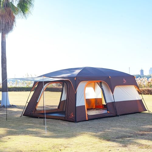 KTT Extra Large Tent 10-12-14 Person(Style-B),Family Cabin Tents,2 Rooms,3 Doors and 3 Windows with Mesh,Straight Wall,Waterproof,Double Layer