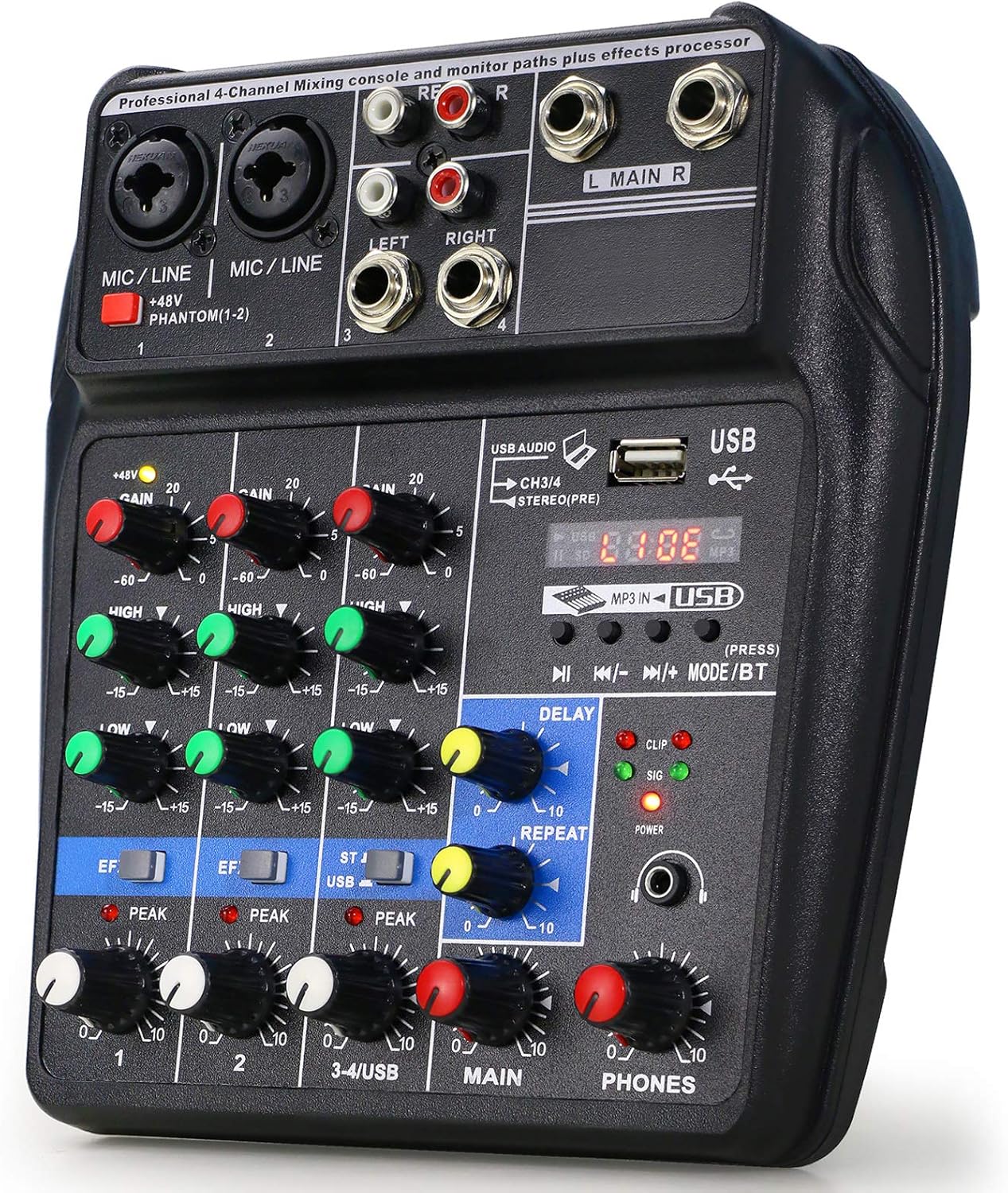Ultra Low-Noise 4 Channels Audio Mixer - Sound Mixing Console Line Mixer with Sound Card and Built-in 48V Phantom Power for Home Music Production