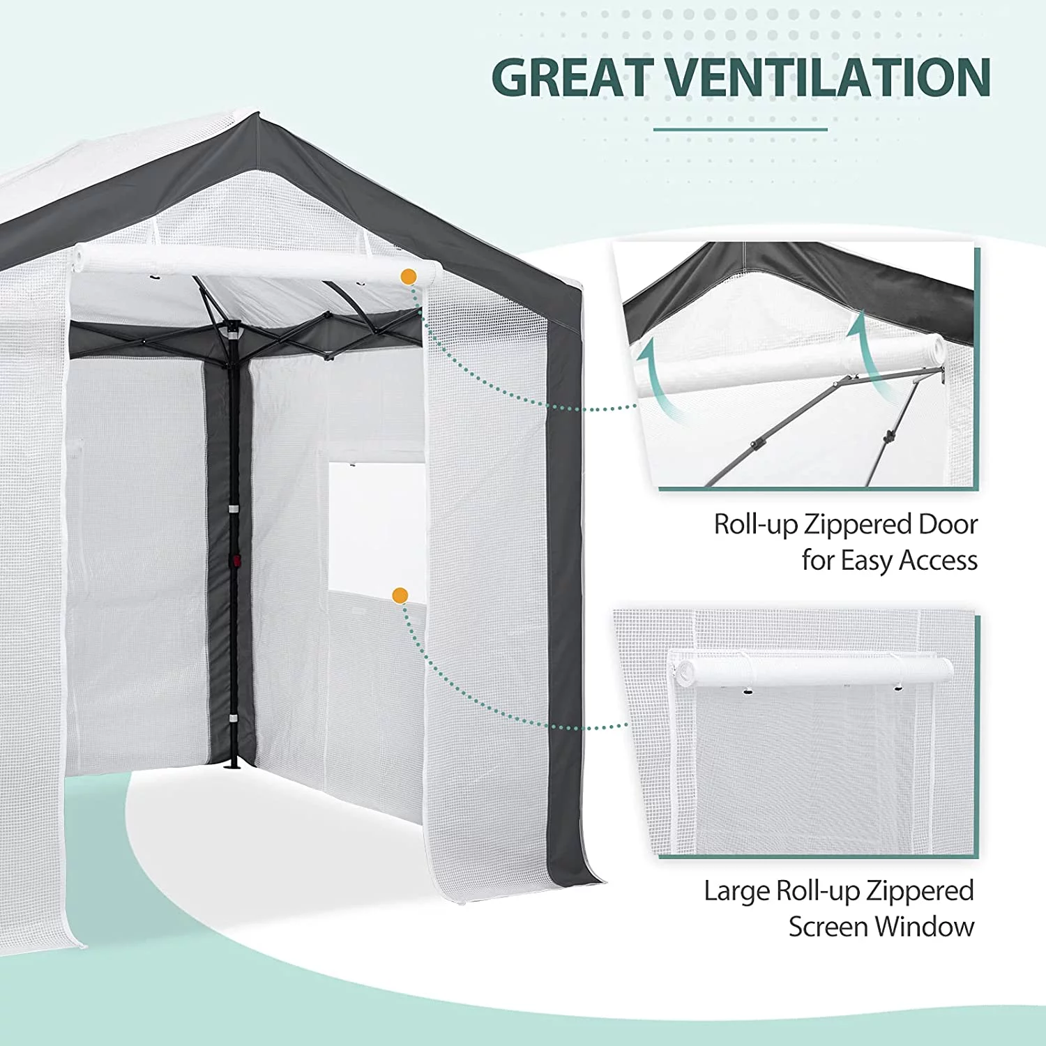 EAGLE PEAK 8 ' x 8 ' Portable Walk-in Greenhouse with Roll-up Zipper Entry Door and 3 Large Roll-Up Screen Windows