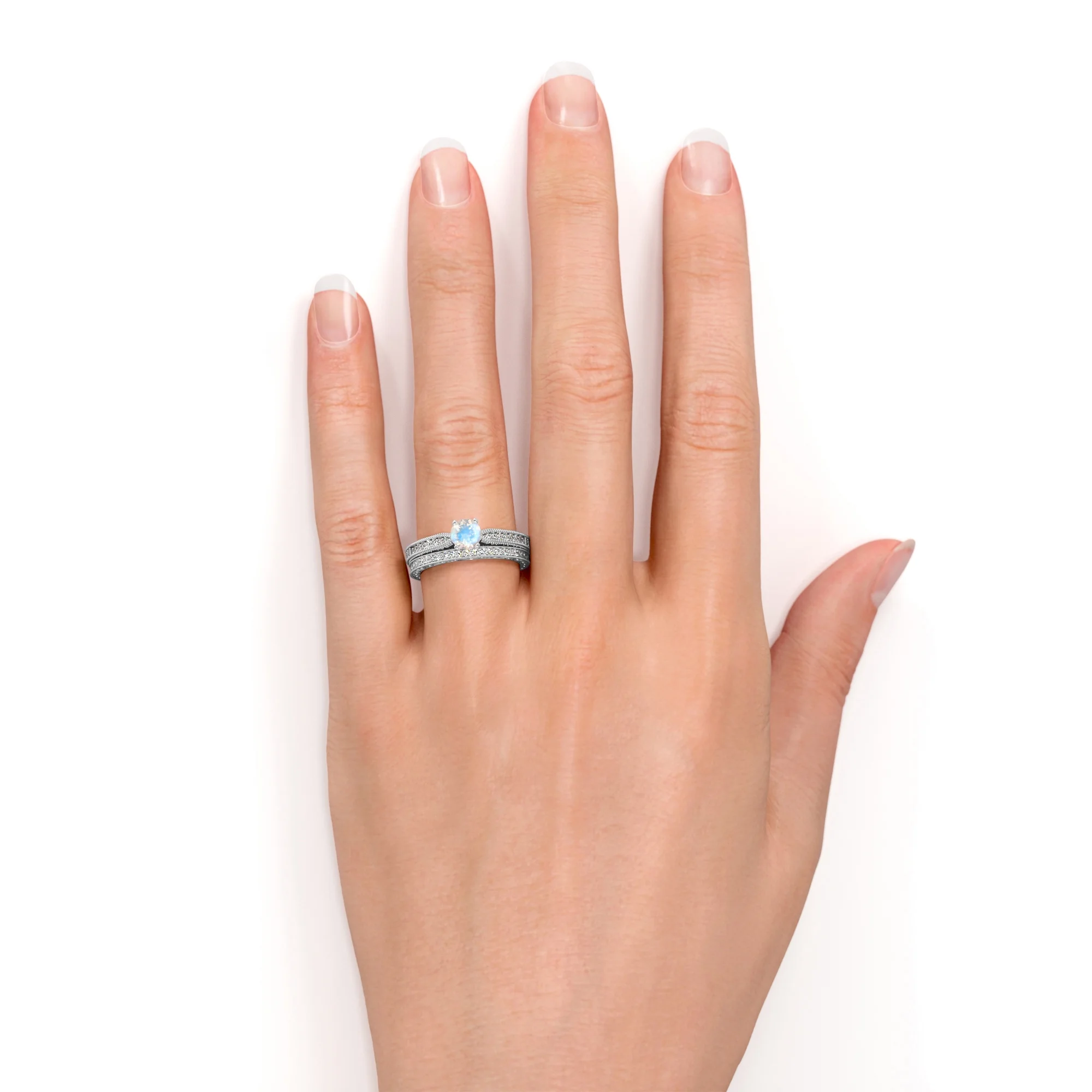 JeenMata 1.75 Carat Round Cut Moonstone and Moissanite Wedding Ring Set with Milgrains in 18k White Gold over Silver