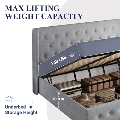Allewie Full Size Lift Up Storage Bed, Modern Wingback Headboard, Hydraulic Support, No Box Spring Needed, Light Beige