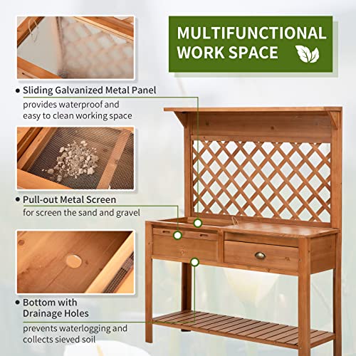 Outsunny Garden Potting Bench, Outdoor Wooden Workstation Table w/Metal Screen, Drawer, Hooks, Storage Shelf, and Lattice Back for Patio