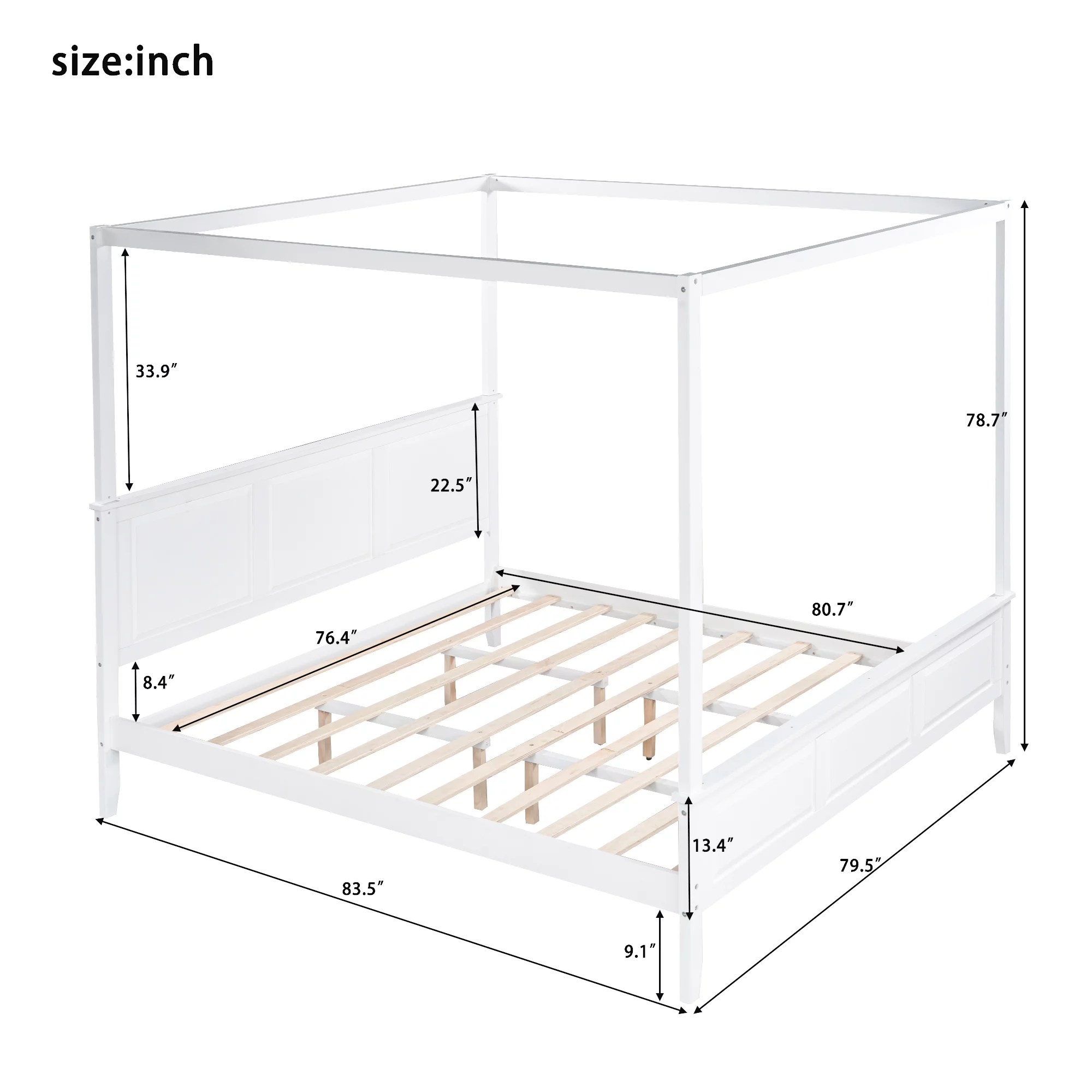 Euroco King Size Canopy Platform Bed with Four Slat Support Leg, White