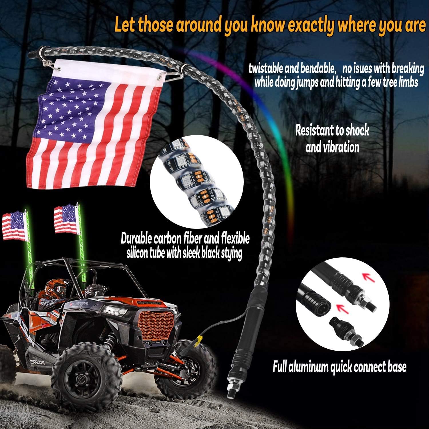 OHMU 2Pcs 3FT Spiral LED Whip Lights for UTV ATV [21 Modes] [20 Colors] [RF Wireless Remote] [Weatherproof] [USA Flag] LED Lighted Whips Antenna for