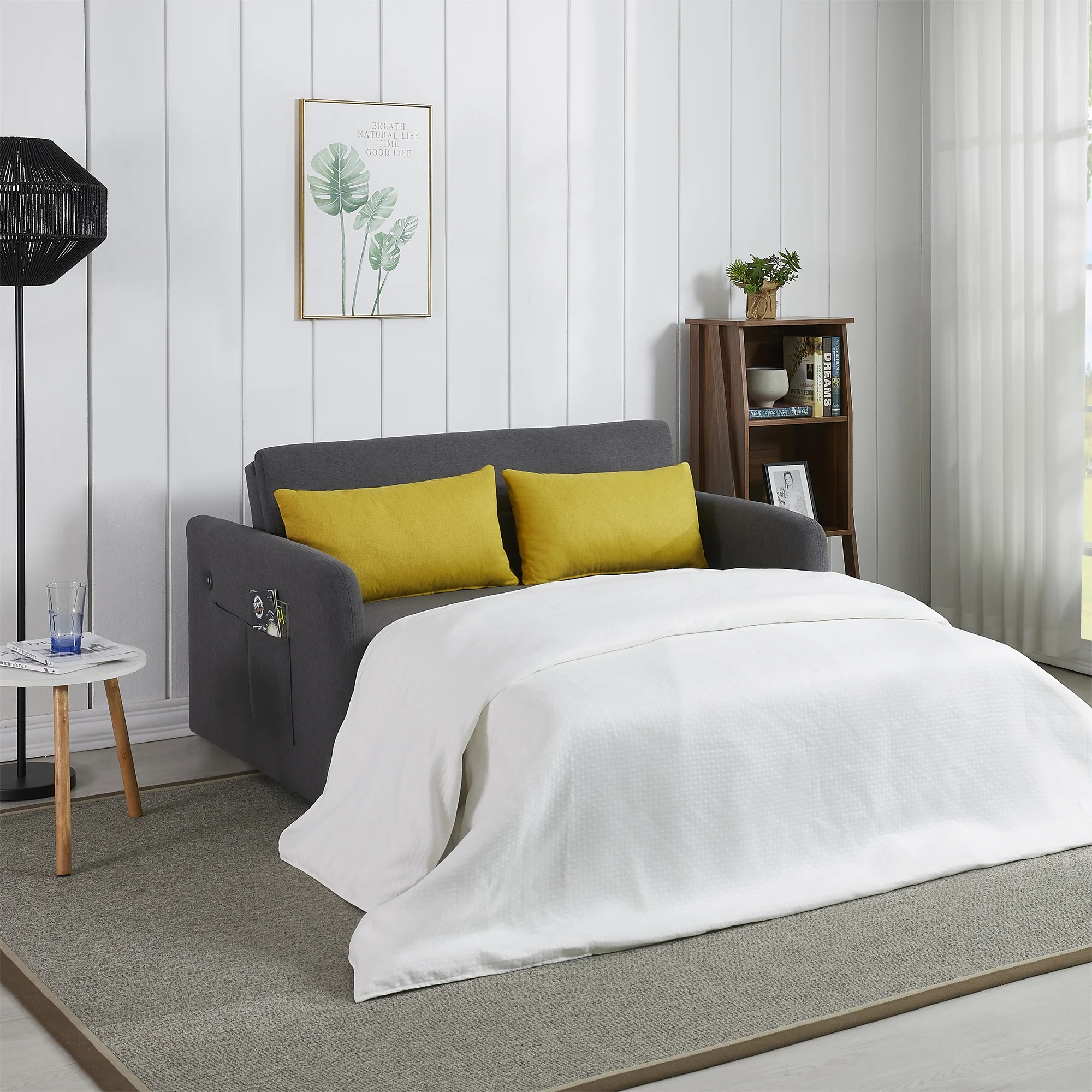 Gexpusm Convertible Sofa Bed with Pull Out Sofa Bed, 55" Loveseat Sleeper Sofa Couch with USB Port and 2 Side Pockets, Gray