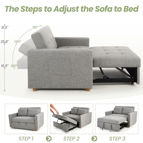 SEJOV 3-in-1 Convertible Sofa Bed, Linen Fabric Sleeper Couch Pull Out Bed, 49" 2-Seater Loveseat Futon Sofa with Spring Support
