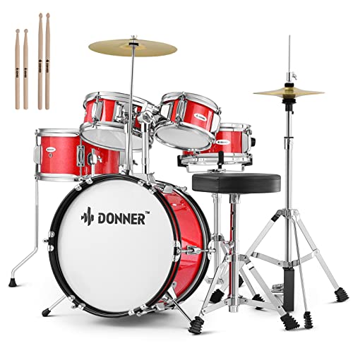 Kid Drum Sets-Donner 5-Piece for Beginners, 14 inch Full Size Complete Junior Drum Kit with Adjustable Throne, Cymbal, Hi-Hat, Pedal & Drumstick
