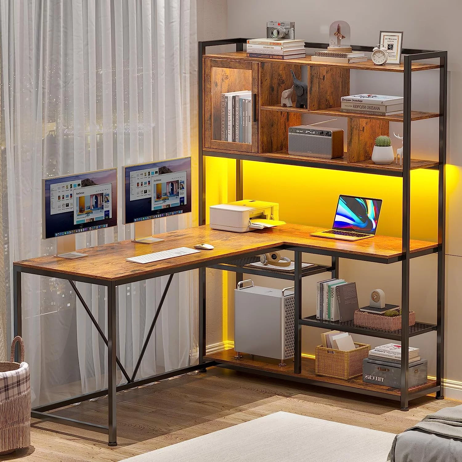 L Shaped Gaming Desk with LED Lights and Bookshelf, 58" Brown Home Office Desk Reversible Corner Computer Desk Table with Storage Shelves